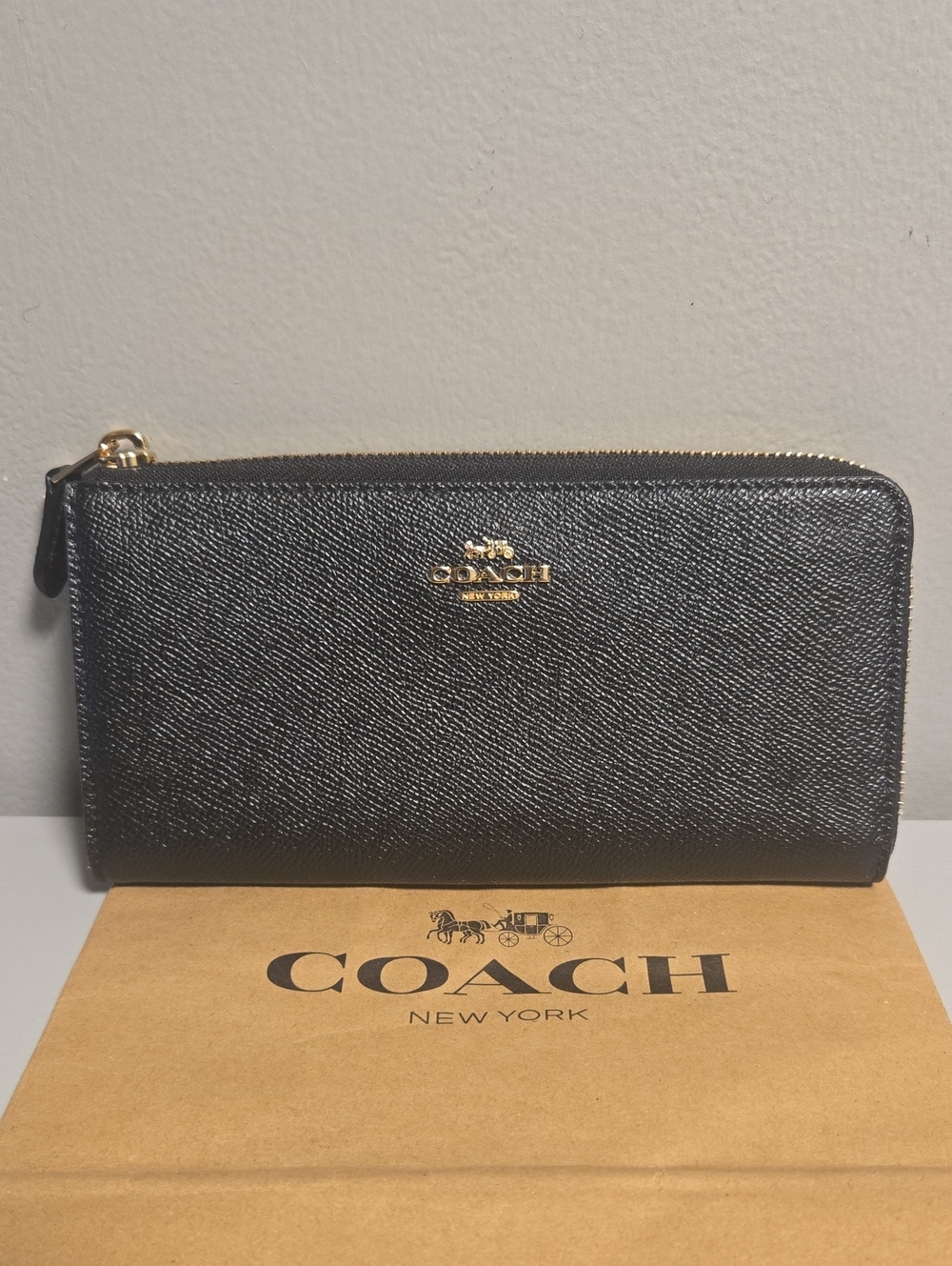 Coach Black Zip Around Wallet with Gold Logo